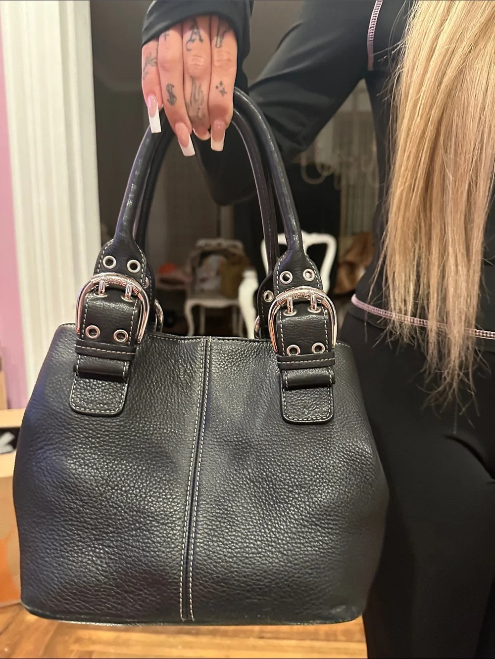 Tignanello Black Pebbled Leather Satchel with Silver Hardware
